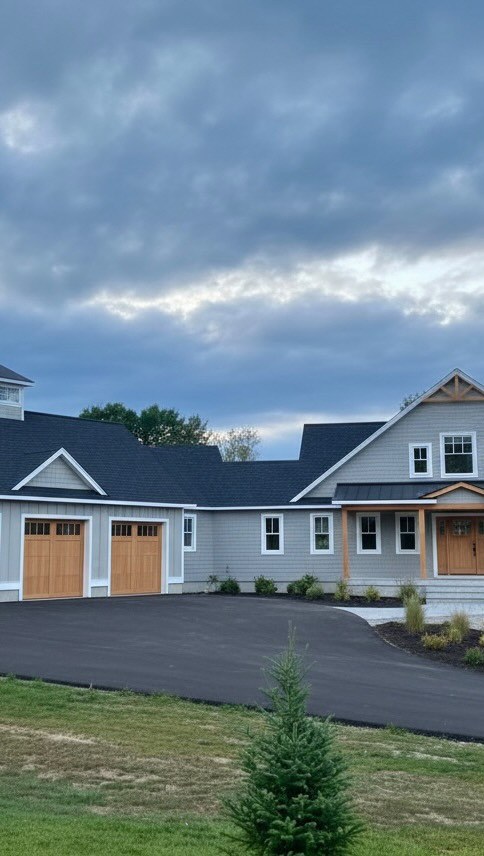 O'Connell Builders custom home, gray shingle exterior