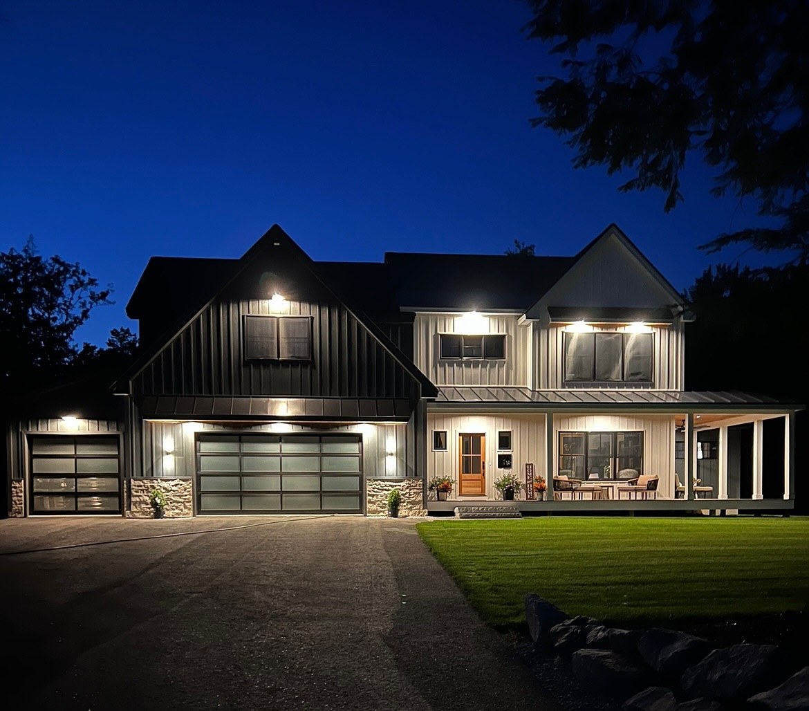 O'Connell Builders custom home exterior at dusk